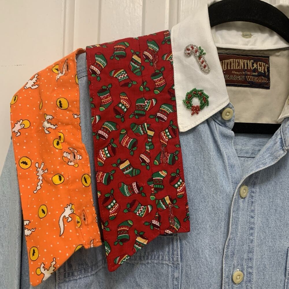Vtg Upcycled Denim Shirt M 5 Interchangeable Collars Holiday Christmas Halloween - Picture 2 of 14